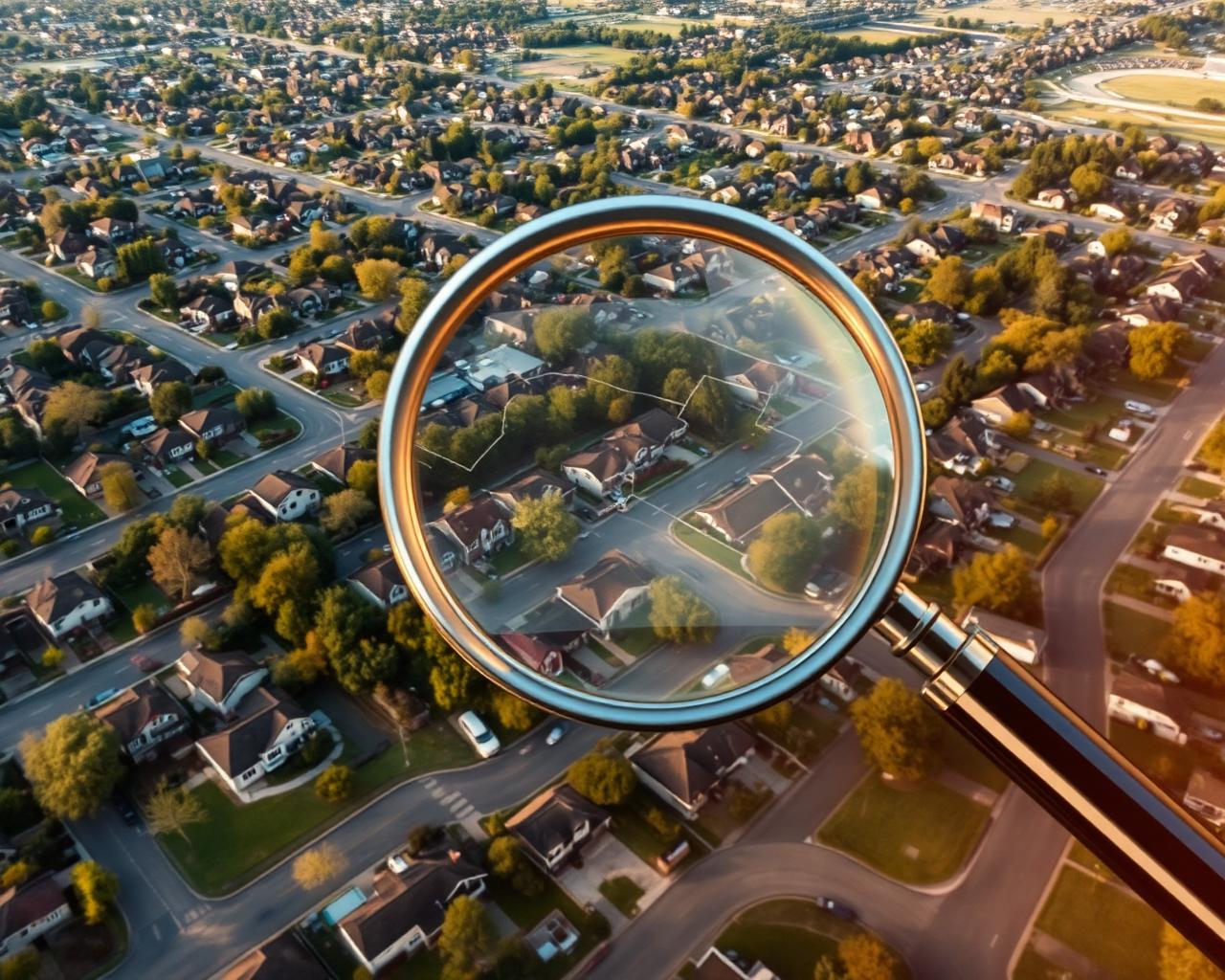 Aerial view of residential properties with parcel boundaries and a magnifying glass — nationwide property search